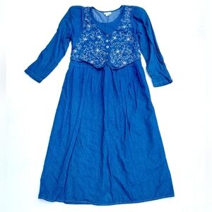 Vintage LGS Denim Blue Embroidered Long Sleeve Dress Maxi Women's Size 18 Vest